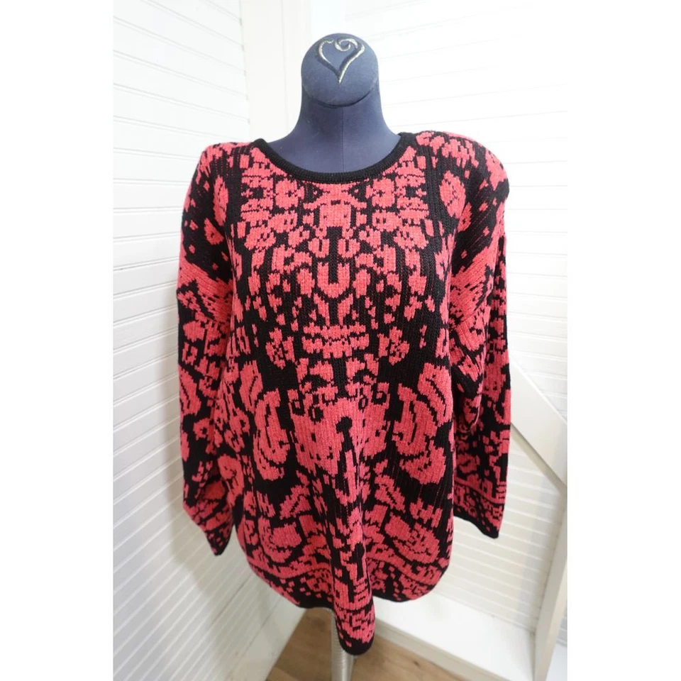 Suéter Feminino Vintage Grande Karen Scott Veludo Geométrico Paisley Preto Rosa - Imagem 1 de 4