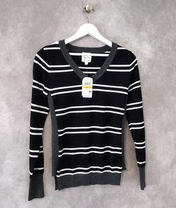 Hippie Rose Sweater Womens Small Black Strip V-Neck Striped Long Sleeve Juniors - Picture 1 of 7