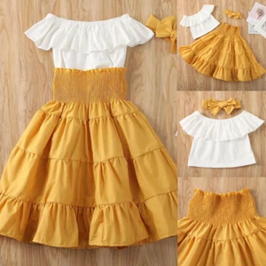 3PCS Toddler Baby Girl Off Shoulder Ruffle Top Long Skirt Headband Outfits Set - Picture 1 of 15