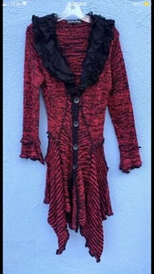 Y2K Pretty Angel Red/Black Ruffled Duster Cardigan Wool Silk Blend  - Picture 1 of 5
