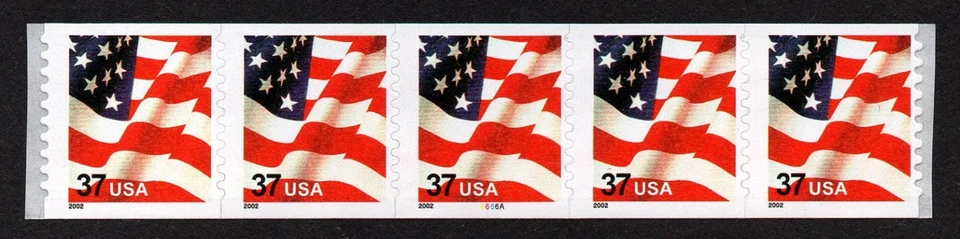 UNITED STATES, SCOTT # 3632, COIL STRIP OF 5 PNC #6666A YEAR 2002 37¢ USA FLAG - Image 1 of 1