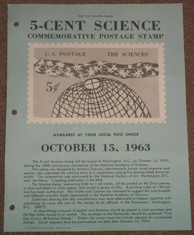 US STAMP POSTER #1237 5¢ THE SCIENCES COMMEMORATIVE STAMP, 1963 - Image 1 of 1