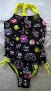 NWT ~ JUSTICE Black & Neon yellow 1 pc swimsuit Love Peace Smiley faces Girl's 8 - Picture 1 of 2