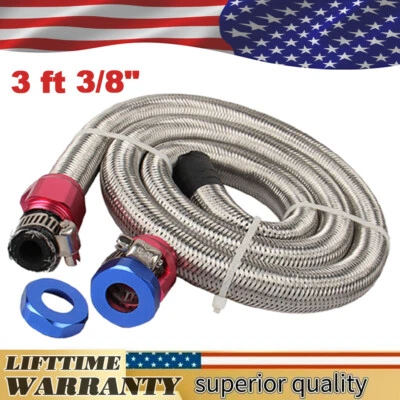 Manguera de 3/8" 3 pies con abrazaderas trenza flexible de acero inoxidable kit de reparación de línea de combustible de gasóleo Foto 1 de 4