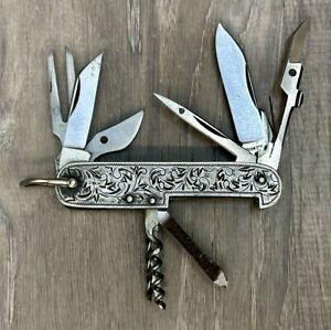 VTG Sterling Silver Etched Scroll Design Multi Tool Pocket Knife (CP1009155)