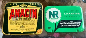 Lot Of 2 Antique Tin Cans Of All Vegetable Laxatives And Analgesic Tablets 40’s - Picture 1 of 4