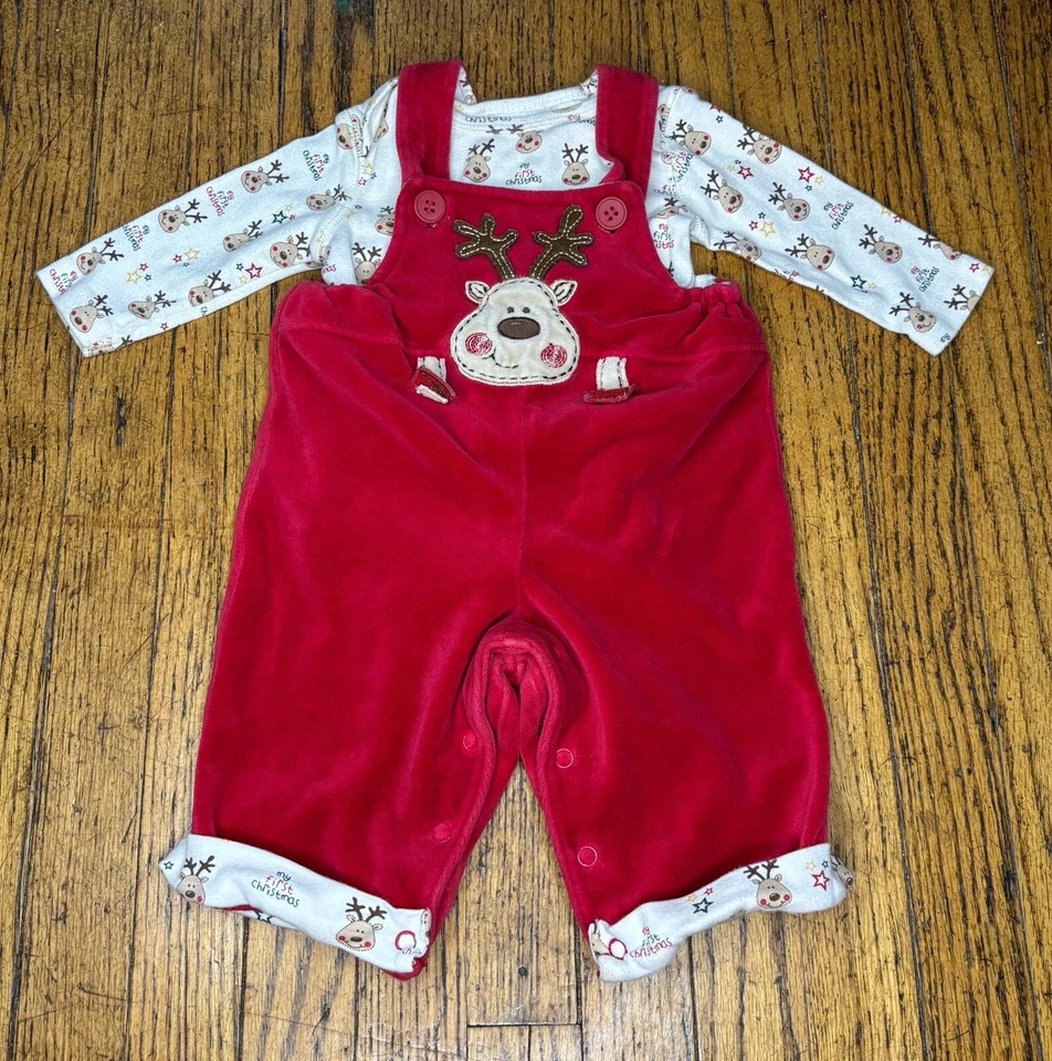 Vintage Red Velour Overalls w Top Baby Set 3 - 6 Months Reindeer First Christmas - Image 1 of 4
