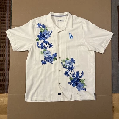 Tommy Bahama LA Dodger Silk Button-Up Shirt Embroidered Size LG Blue Floral READ - Image 1 of 4