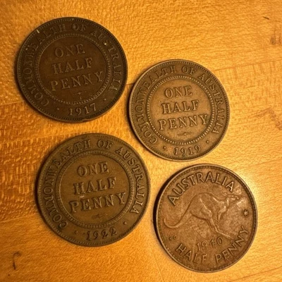 Lot of 5 - Australia - Half Penny - 1917, 19, 22, 40, 51 - Circulated - Coins - Image 1 of 4