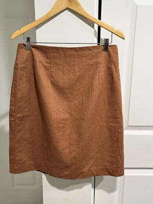 VTG. Adolfo International Skirt Brown Linen Straight Pencil Back Slit Knee Lined - Image 1 of 4