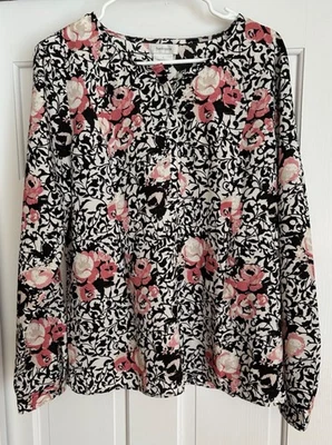 女式大码 Van Heusen 上衣衬衫白色黑色和粉红色花卉 — 第 1/4 张图片