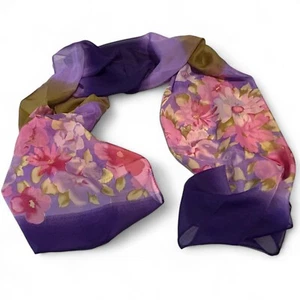 Purple Pink Floral Scarf Wrap Flowers Green Rectangle Spring Summer Polyester - Picture 1 of 9