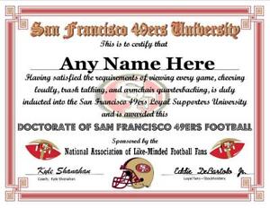 SAN FRANCISCO 49ERS FOOTBALL FAN PERSONALIZED CERTIFICATE DIPLOMA GREAT GIFT