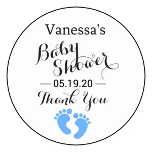 12 Personalized Boy Baby Shower Stickers Favors Labels tags 2.5" blue baby feet - Picture 1 of 1