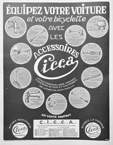 PUBLICITÉ PRESSE 1926 ACCESSOIRES CICCA ÉQUIPEZ VOTRE VOITURE ET BICYCLETTE - Foto 1 di 1