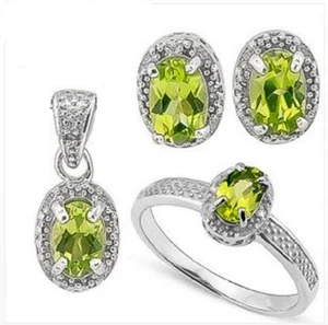 2.03 CARAT TW PERIDOT & GENUINE DIAMOND PLATINUM OVER 0.925 STERLING SILVER SET - Picture 1 of 2