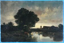 Paysage intime Ölgemälde Abend Teich Landschaft Kühe Wasser Gehöft Naegele ~1860