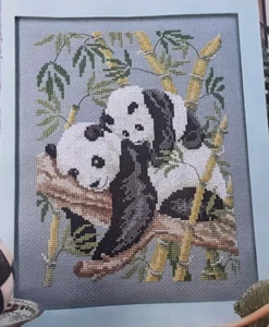 Cross Stitch Chart Only - Adorable Mother & Baby Panda In Natural Habitat Bamboo - Picture 1 of 1