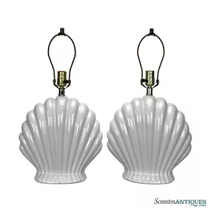 Vintage Coastal Ceramic Clam Shell Scalloped Table Lamps - A Pair - Picture 1 of 8