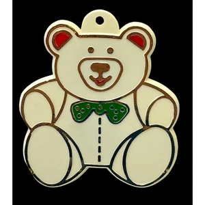 White Teddy Bear Vintage Fridge Magnet Green Bow Tie - Picture 1 of 4