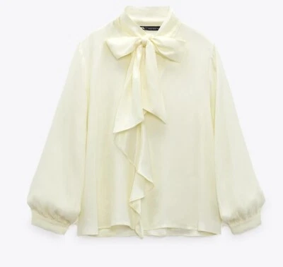 BNWT Cream Pussy Bow Tie Neck ZARA Jacquard Spot Blouse Shirt Top S 10 £35.99! - Image 1 of 4