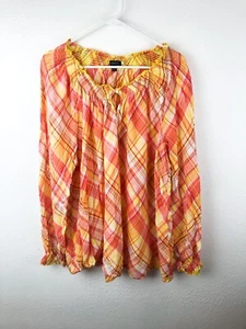 Lane Bryant Womens Top Orange Yellow Plaid 26/28 Long Sleeves Smocked Neck A2 - Picture 1 of 5