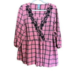 Catherines Top Womens 2X Multicolor Plaid Floral Embroidered Peasant Blouse - Picture 1 of 7