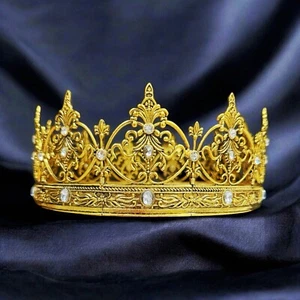 Vintage Gold Crown, Clear Stone Crown, Renaissance Crown, Royal Medieval Crown - Picture 1 of 9