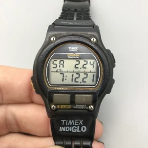 Vtg Timex Ironman Triathlon Watch Men Indiglo 39mm Black 1990 New Battery - Picture 1 of 16