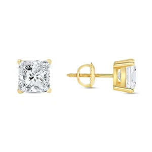 IGI F/VS 2 Ct Princess LabCreated Grown Diamond Earrings 14K Yellow Gold Screw - Picture 1 of 3