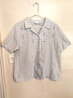Alfred Dunner Womens Blouse 18 Plus Floral White Green Button Shirt Short Sleeve - Image 1 of 3