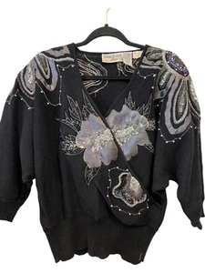 Bonnie Boerer Co Ramie Pullover Pulli schwarz Damen Größe L Blumen Pailletten - Bild 1 von 11