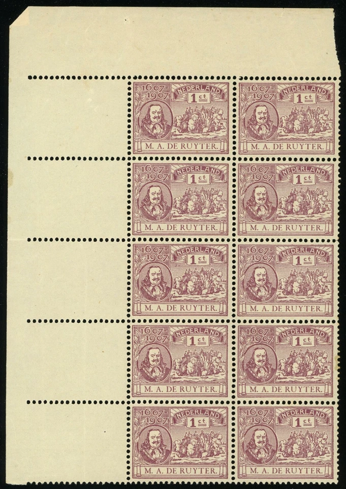 Netherlands #88 Admiral Michiel de Ruyter Block of 10 Stamps 1c Postage 1907 MNH - Image 1 of 1