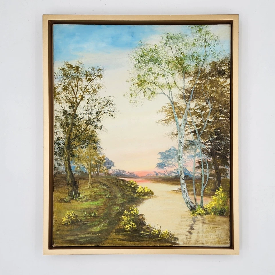 Original Signed Asher Landscape Oil Painting on Canvas Birch Trees River Sunset - Image 1 of 4