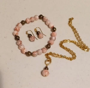 Unbranded 3 Piece Pink Rhodonite Pendant Necklace Earrings Bracelet Set - Picture 1 of 4
