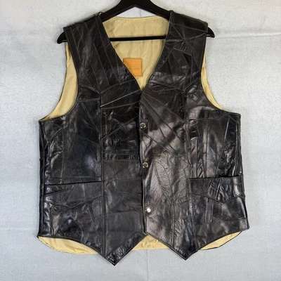 Chaleco de Cuero Vintage Para Hombre 44 Grande Negro Retazos Western Forrado Botón México Foto 1 de 4