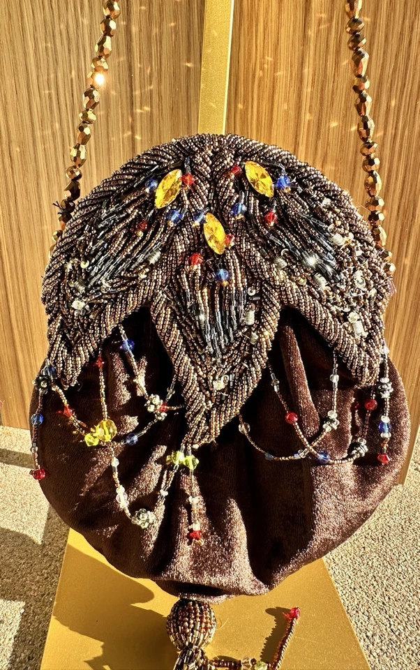 Vintage Brown Velveteen Beaded Evening Bag - Image 1 of 4