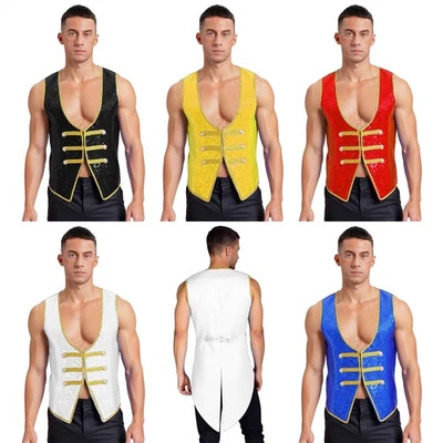 Mens Sequins Circus Ringmaster Vest Flirty Lion Tamer Cosplay Tailcoat Crop Tops - Image 1 of 3