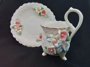ADORABLE 3D FLORAL LACE DESIGN VINTAGE TEA CUP SAUCER DEMITASSE EXPRESSO COFFEE - Picture 1 of 24