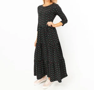 Seasalt Line Strokes Tiered Midi Dress size 16 Tall Jersey Cotton Black Floral - Picture 1 of 10