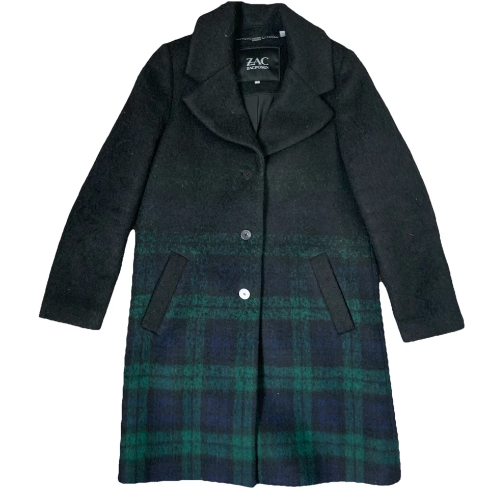 Zac Posen Wool Blend Plaid Tartan Ombré Coat Womens Size 8 Black Green Office - Image 1 of 4
