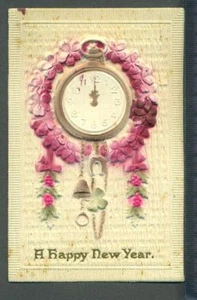 Schwere geprägte Uhr Blumen FROHES NEUES JAHR Postkarte - Bild 1 von 1