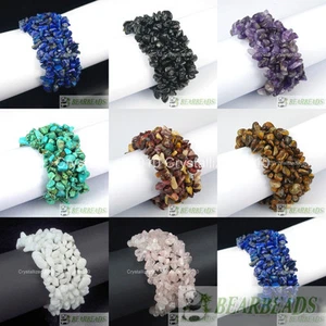 Natural Gemstone Chip Nugget Beaded Fashion Stretchy Bracelet Healing 30mm Wide  - Picture 1 of 36