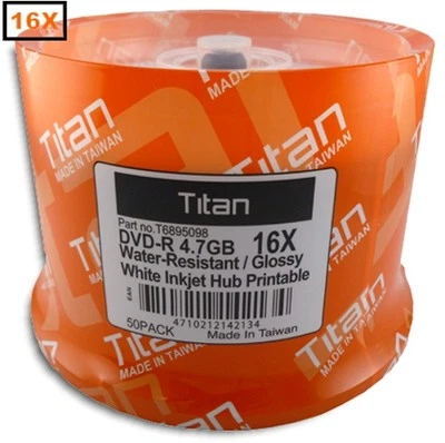 100-Pak Titan =WATER-RESISTANT= White Inkjet Hub =SEMI-GLOSSY= 16X DVD-R's - Image 1 of 2