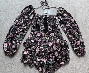 Abito Forever 21 nero rosa floreale a strati con volant spalle scoperte manica lunga M - Foto 1 di 17