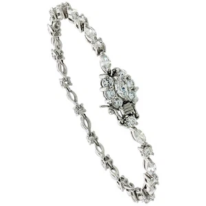 Sterling Silver Tennis Bracelet w/ Alternating Round & Marquise Cut CZ Stones - Picture 1 of 2
