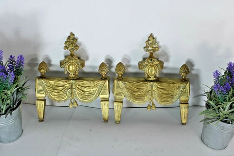 PAIR antique bronze fireplace andirons Cover