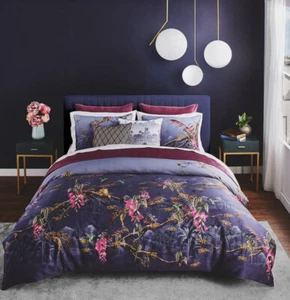 NIP Ted Baker Hibiscus Dark Gray Floral Twin Comforter & Sham Set 2pc - Picture 1 of 7