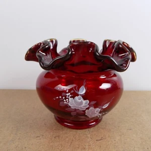 Fenton Ruby Red Glass Rose Bowl Vase Hand Painted Roses by A. Mason - Picture 1 of 6