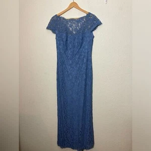 Tadashi Shoji size 12 blue lace maxi sheath dress gown cap sleeve lined - Picture 1 of 10